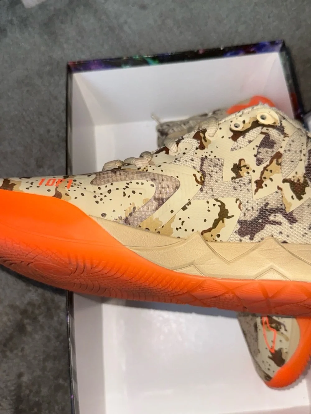Puma Men's Athletic Shoes Tan Camo with Bright Orange Accents